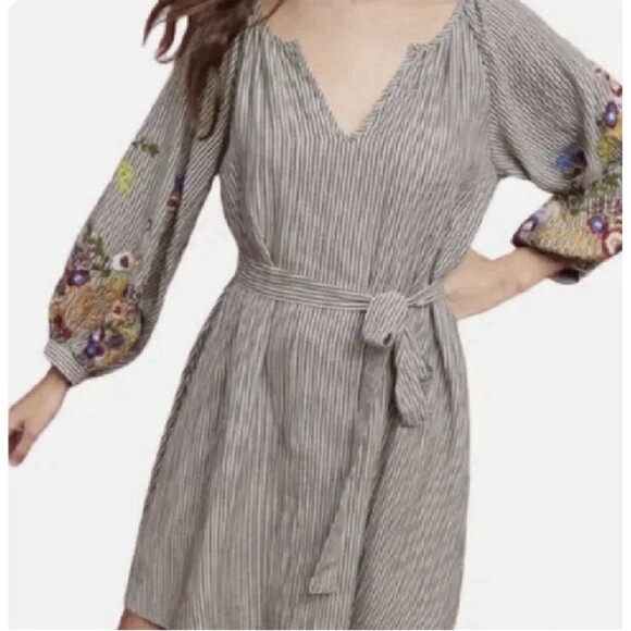 Anthropologie Feather Bone Lindsey Striped Embroidered Boho Shift Dress Small - Picture 1 of 9